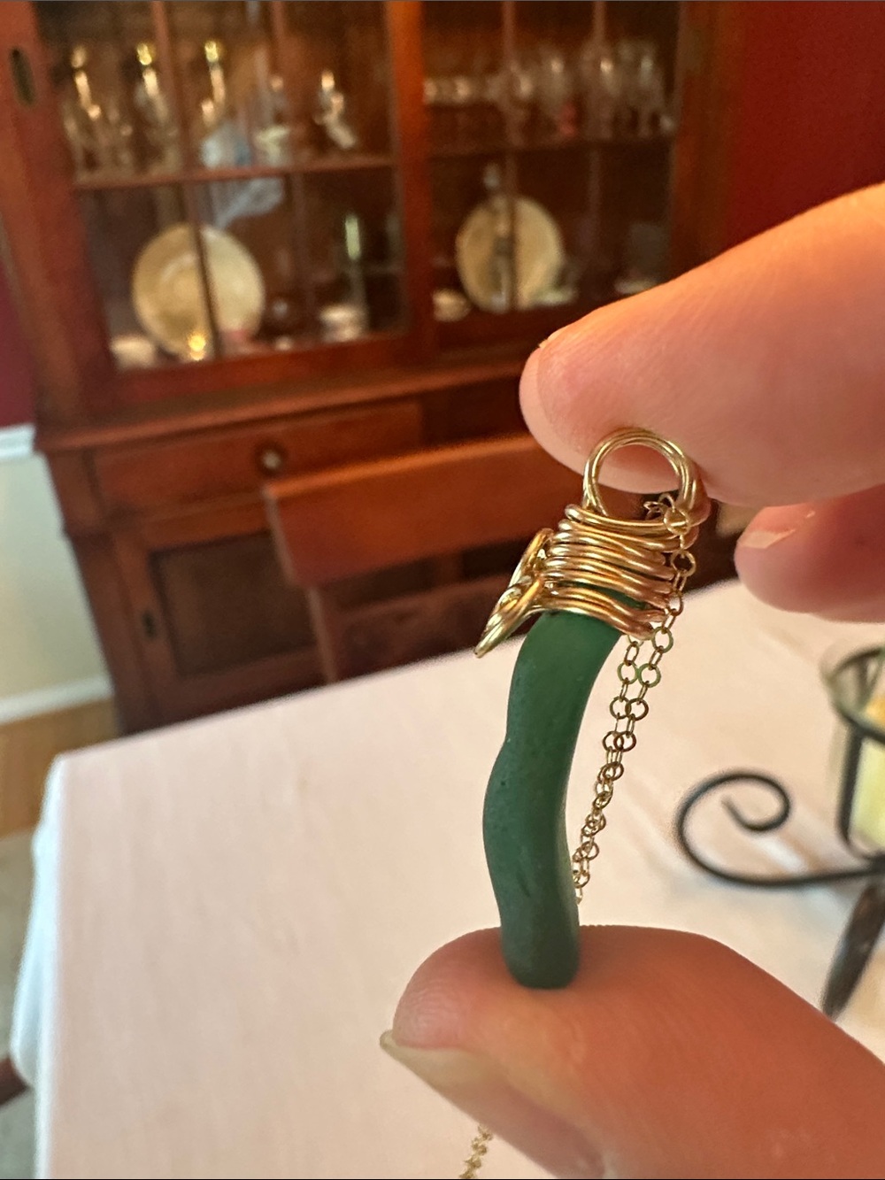 Gold-Wrapped Teal/Green Authentic Sea Glass Pendant w/gold fill chain - Picture 10 of 11